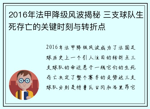 2016年法甲降级风波揭秘 三支球队生死存亡的关键时刻与转折点