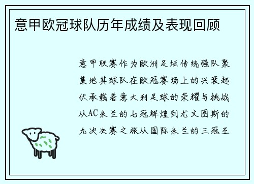 意甲欧冠球队历年成绩及表现回顾