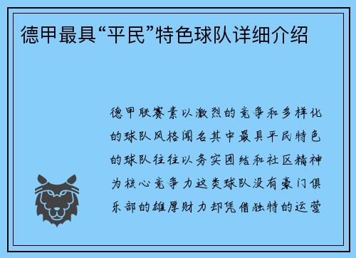 德甲最具“平民”特色球队详细介绍