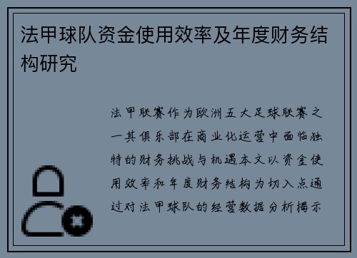法甲球队资金使用效率及年度财务结构研究