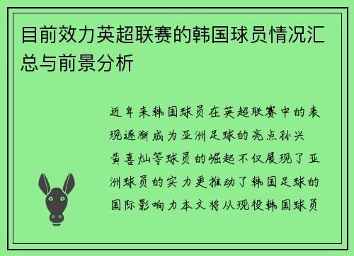 目前效力英超联赛的韩国球员情况汇总与前景分析